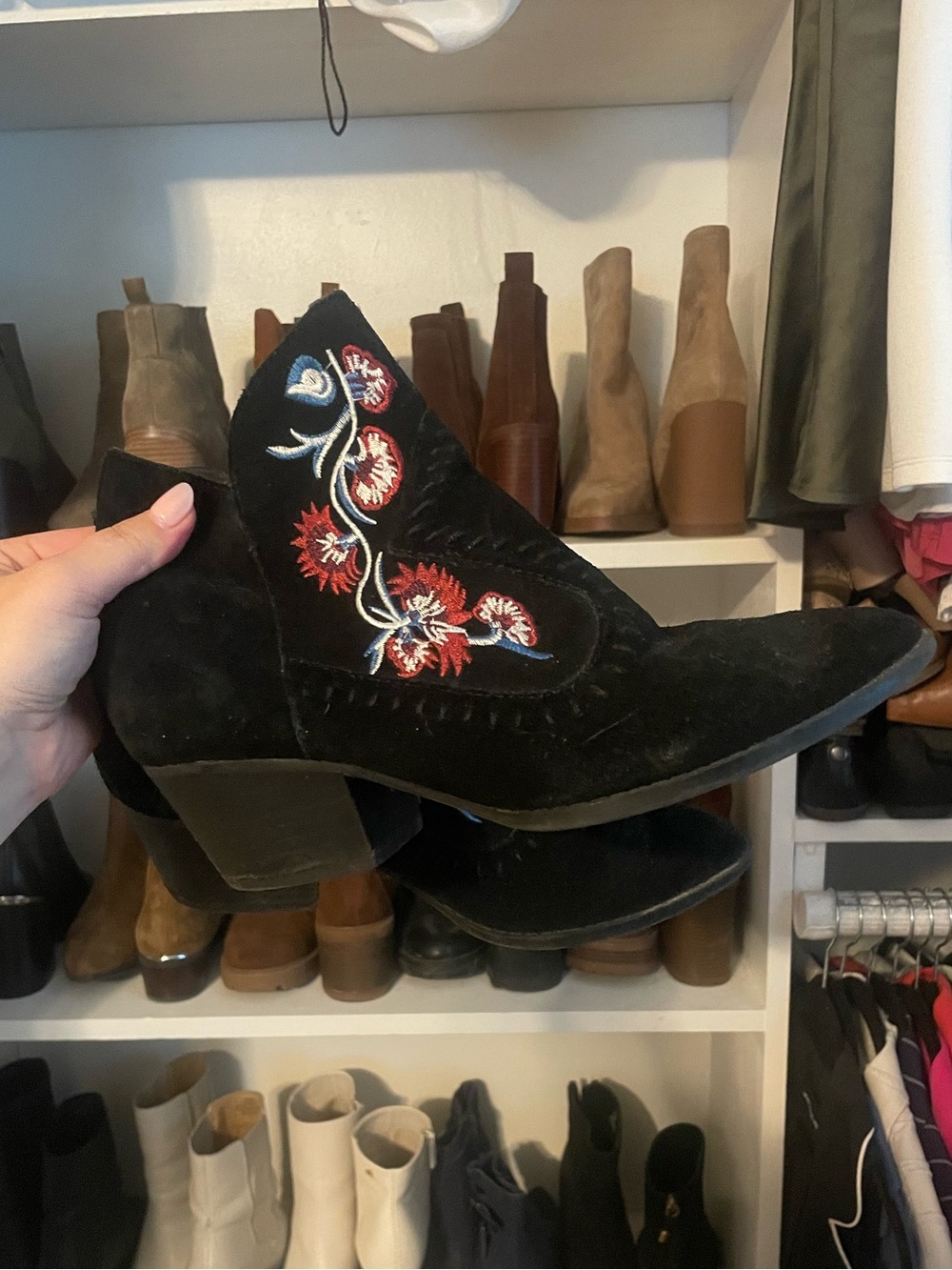 Embroidered Black Suede Western Ankle Booties - Women